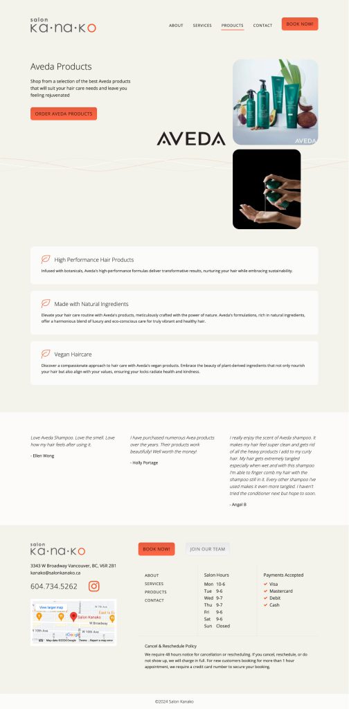 Salon Kanako - Website Products Page