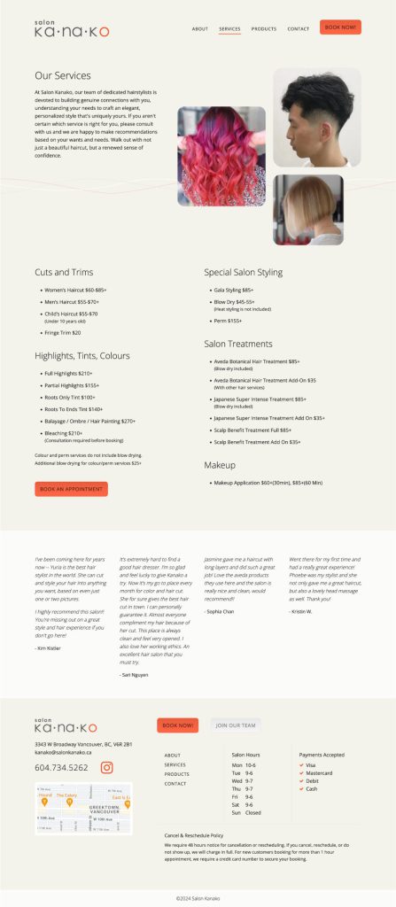 Salon Kanako - Website Services Page